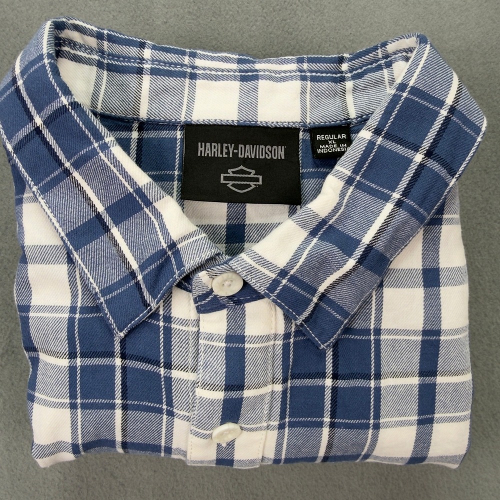 Harley-Davidson Mens XL Blue White Plaid Short Sleeve Button Up Shirt 96396-22VM